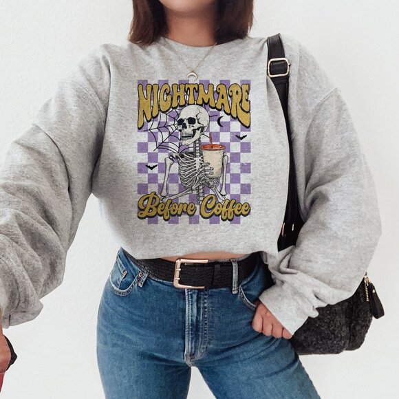 Caffeine Cravings Skeleton 'Nightmare Before Coffee' Sport Grey Sweatshirt - Picture 2 of 6